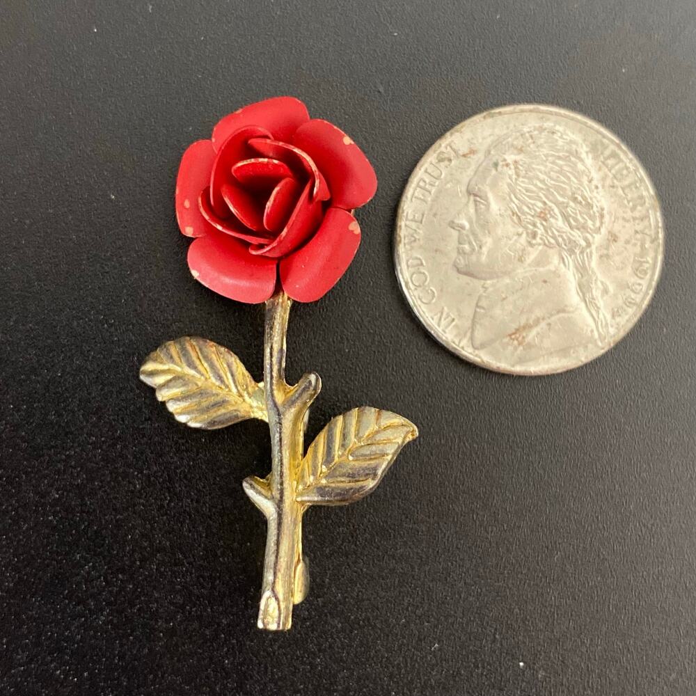 Vintage Red Enamel Rose Brooch Pin Gold Tone 3D Painted Metal Floral Coquette - Picture 7 of 8